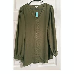 Avocado Green Blouse with Button Cuff, V-neck,  Brass Accents